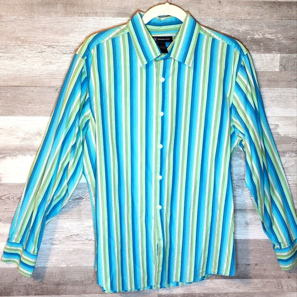INC Dress Shirt Men's Large Striped Button Up Long Sleeve 100% Cotton